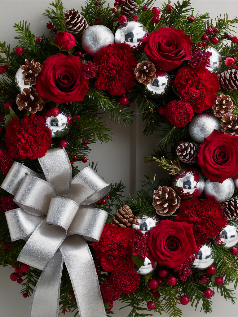 Silver & Crimson Christmas Elegance Wreath