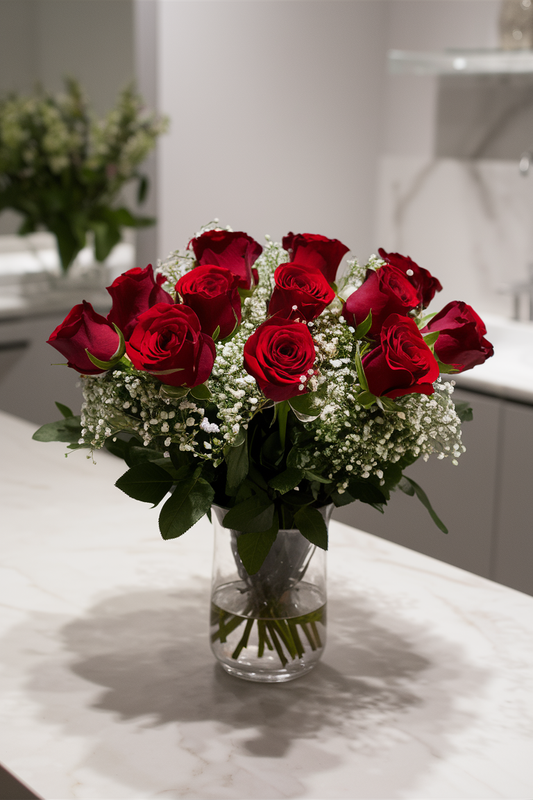 Love and Devotion - Dozen Red Roses with Babies Breath