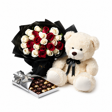 Classic Romance: 12 White & Red Roses, Large Teddy Bear & Chocolates
