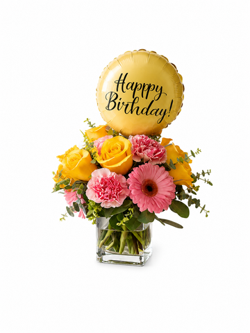 Sunny Blossom Birthday Cube Vase With Birthday Balloon