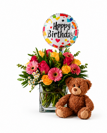 Birthday Cube of Joy + Balloon + Teddy Bear