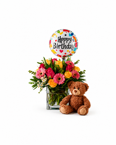 Birthday Cube of Joy + Balloon + Teddy Bear