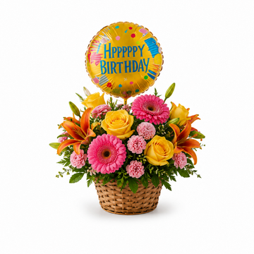 Festive Birthday Bloom Basket with Birthday Balloon