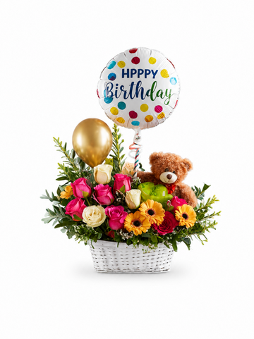 Birthday Bloom Extravaganza + Balloon + Teddy Bear