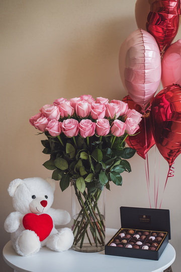 Pink Bliss Gift Set (24 Roses, Teddy, Chocolate and Balloons)