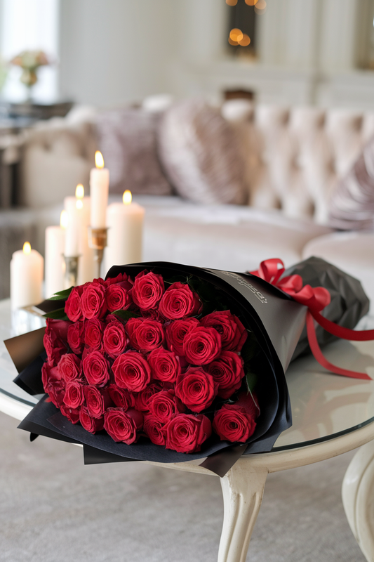24 Premium Red Roses Wrapped in Black