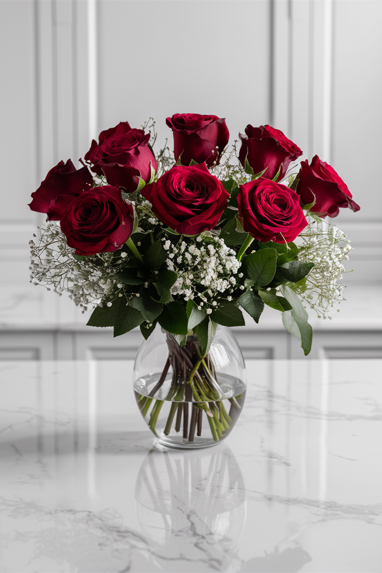 Love and Devotion - Dozen Red Roses with Babies Breath