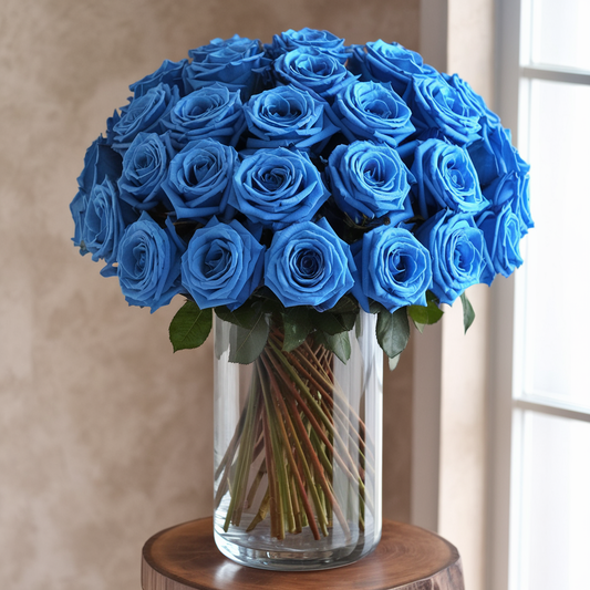 24 Blue Roses In A Glass Vase