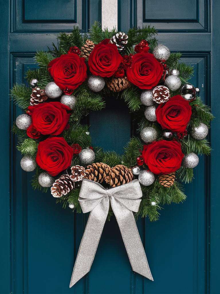 Festive Silver & Red Christmas Wreath