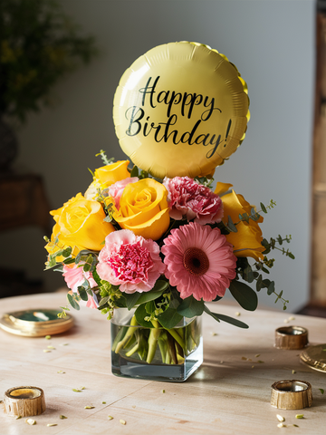 Sunny Blossom Birthday Cube Vase With Birthday Balloon