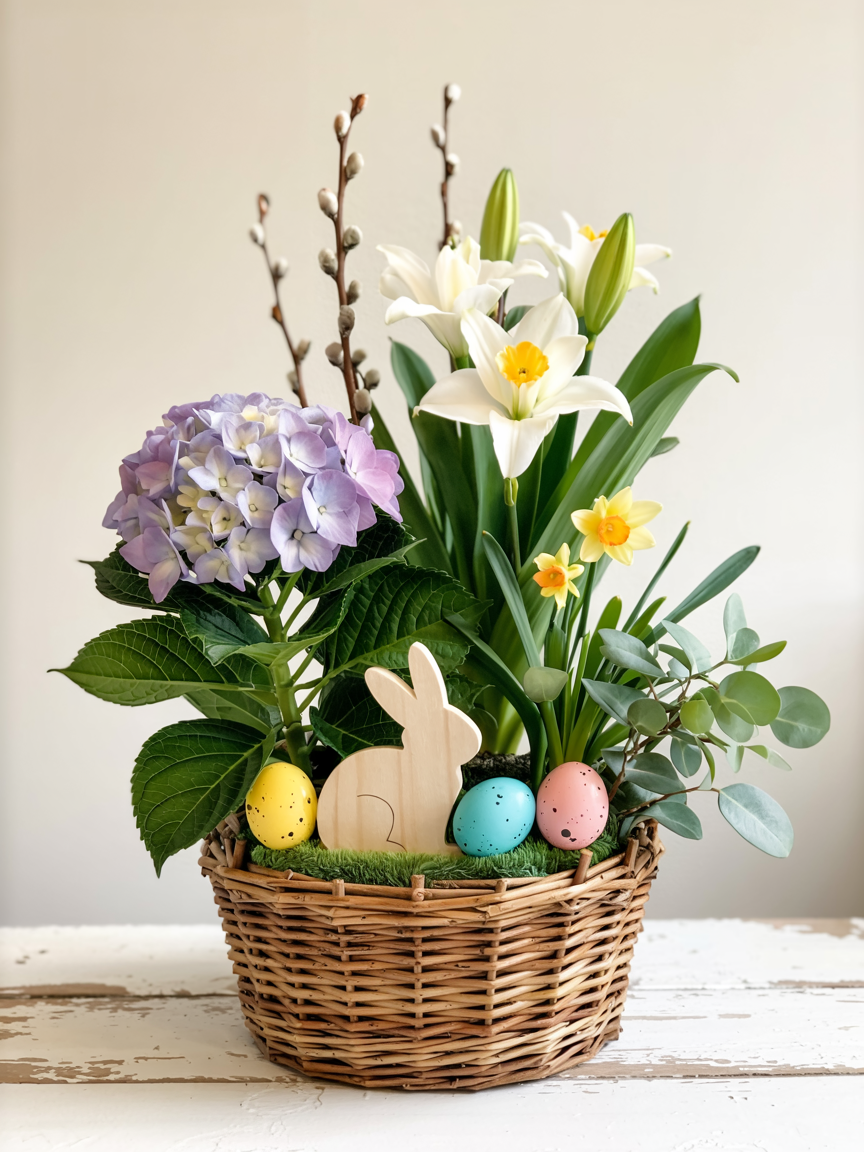 Easter Basket with Hydrangea and Easter Lily
