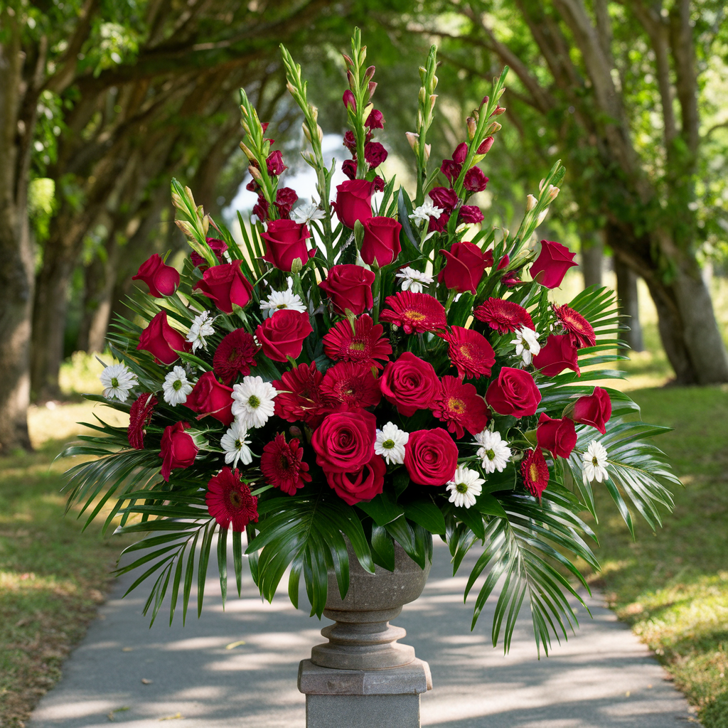 Red Funeral Roses Elegant Harmony White & Red Sympathy Arrangement
